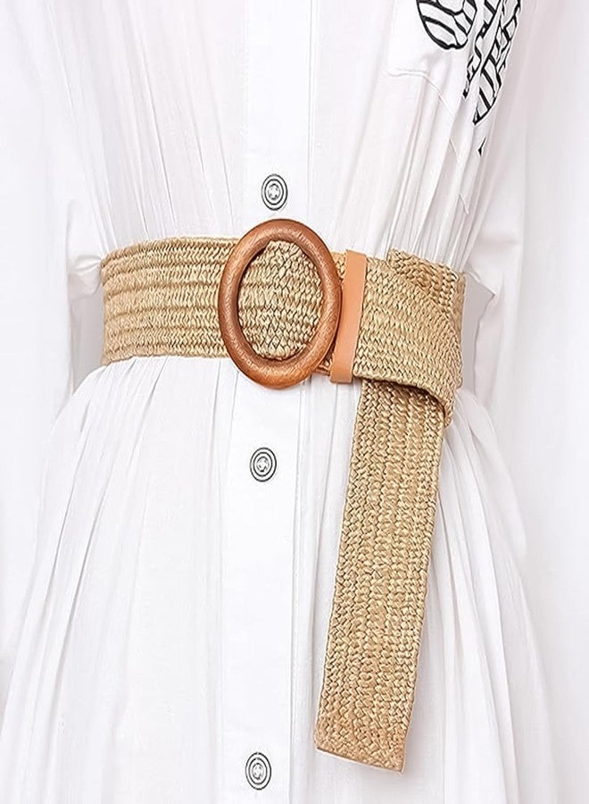 Suny Smiling Boho Braided Belt Women, Womens Braided Belts, Wide Stretch Straw Woven Waist Belt with Round Buckle, Rattan Elastic Bohemian Waistband for Dresses, Jeans, Pants, Vacation Events - Image 3